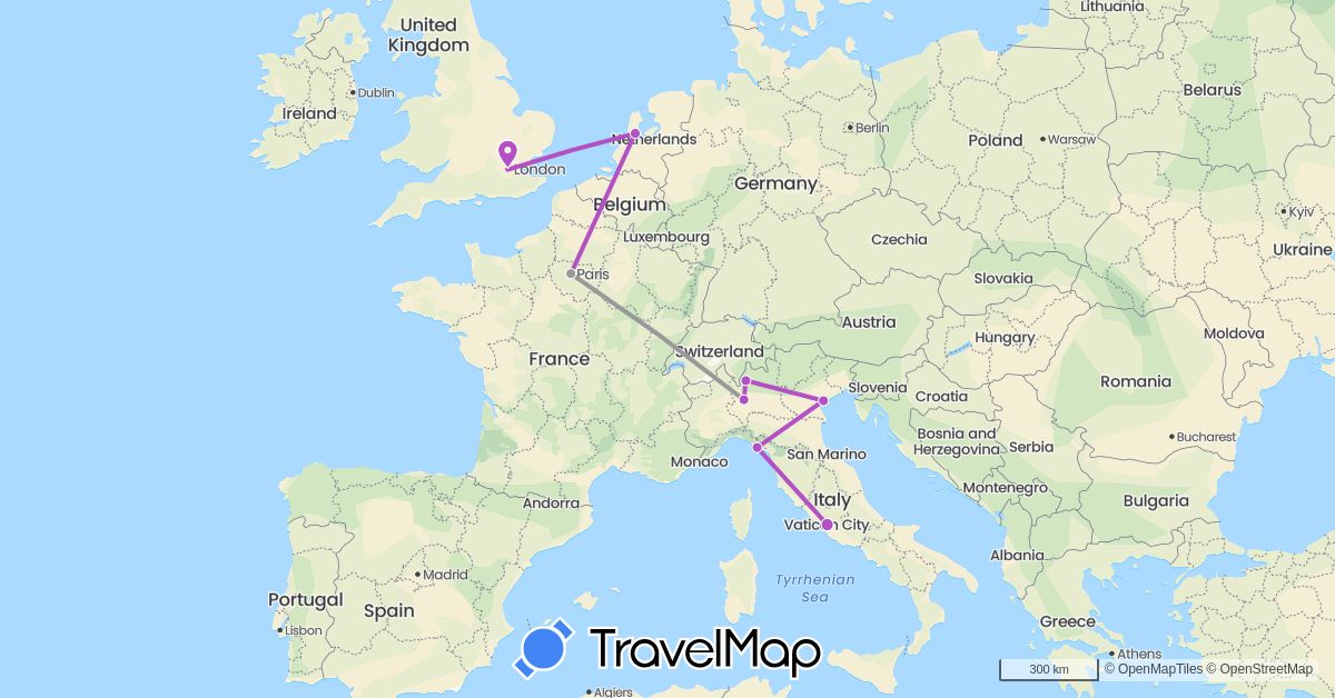 TravelMap itinerary: driving, plane, train in France, United Kingdom, Italy, Netherlands (Europe)